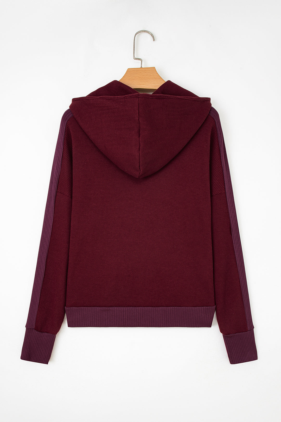 Burgundy Waffle Splicing Zip Up Front Button Hooded Jacket