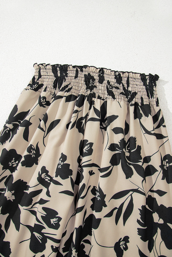 Khaki Floral Print Smocked High Waist Wide Leg Pants