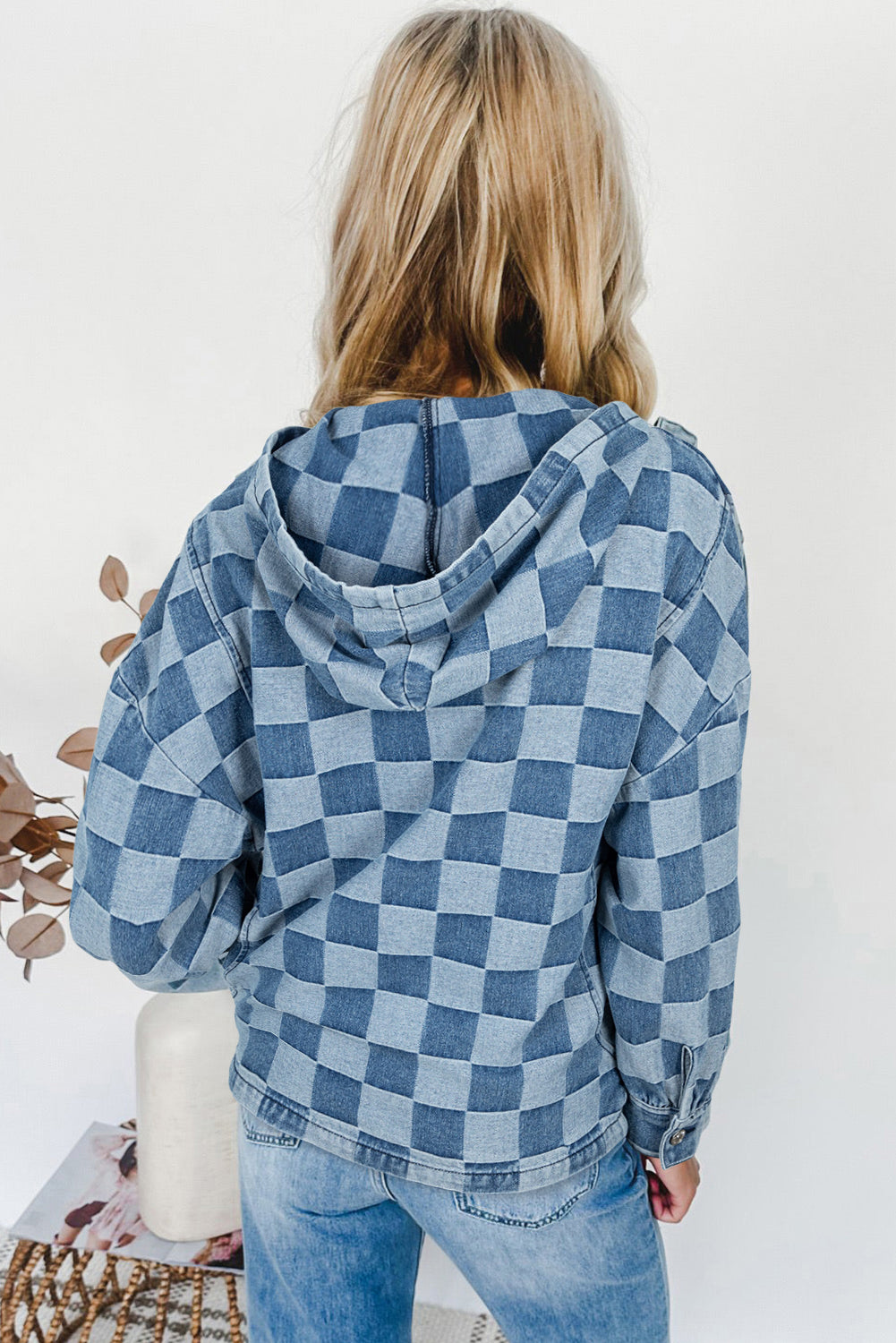 Sky Blue Checkerboard Oversized Zipped Neck Kangaroo Pocket Denim Hoodie