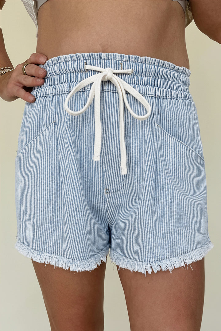 Black Stripe Raw Edge Drawstring Elastic Waist Casual Denim Shorts