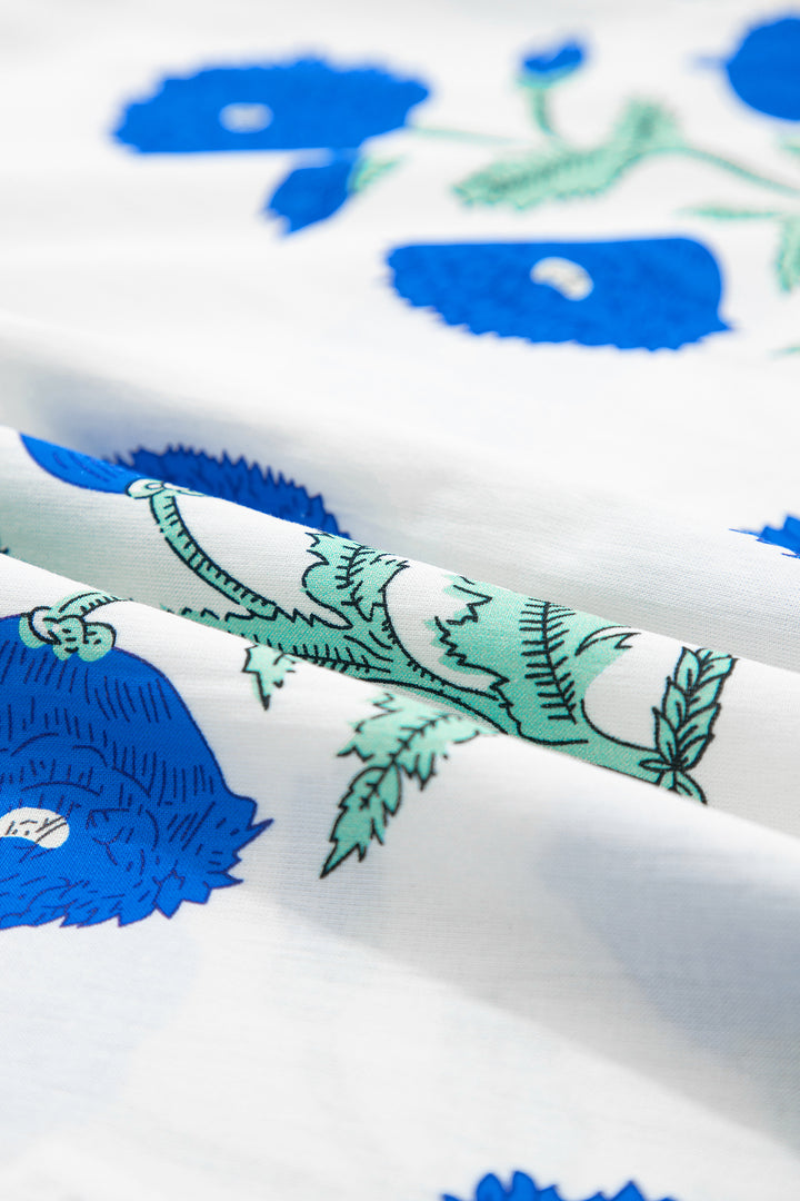 Blue Wild Flower Print Contrast Trim Scallop Detail Short Sleeve Blouse