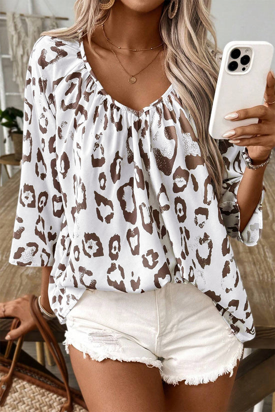 Khaki Leopard Print Ruched V Neck 3/4 Sleeve Blouse