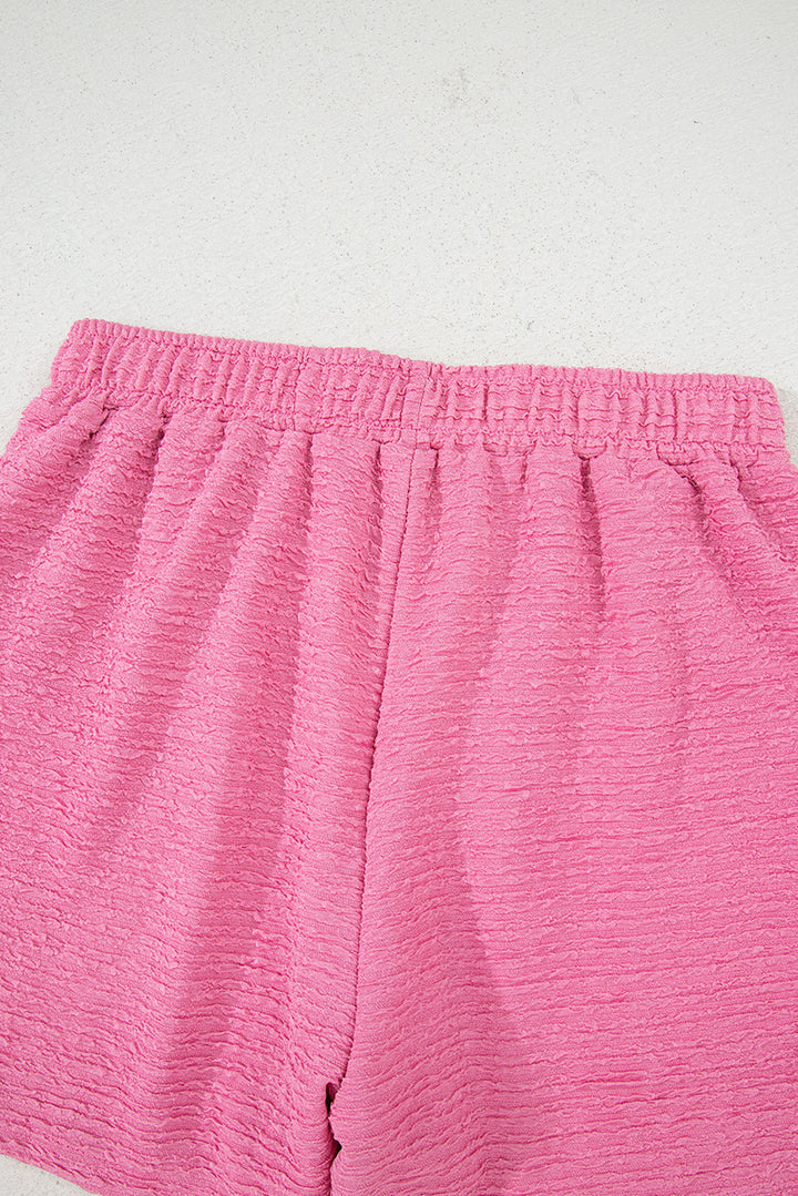 Pink Textured V Neck T Shirt and Shorts Set