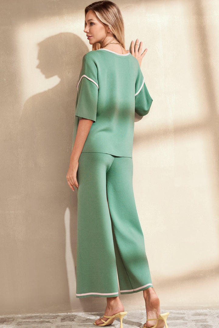 Canton Contrast Trim Half Sleeve Top Drawstring Pants Loose 2pcs Sweater Suit