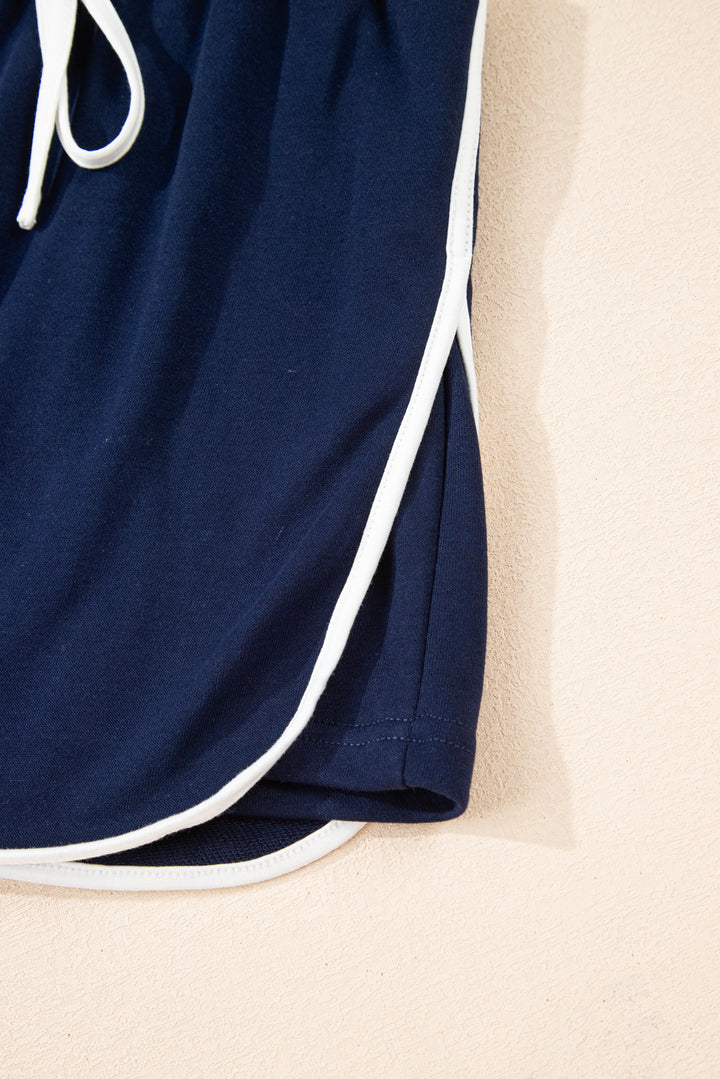 Navy Blue Varsity Stripe Detail Drop Shoulder Pullover Mini Skirt Set