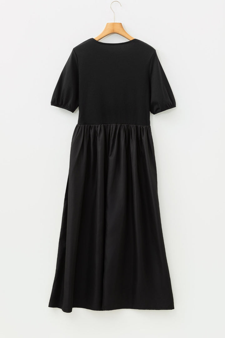 Black Short Sleeve Knit Top Patchwork Pleated Long Dress
