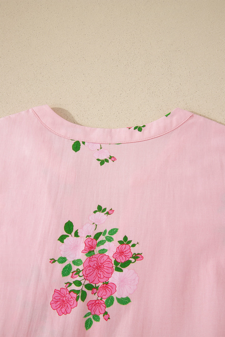 Pink Notched Neck Flutter Short Sleeve Floral Print Maxi Dress