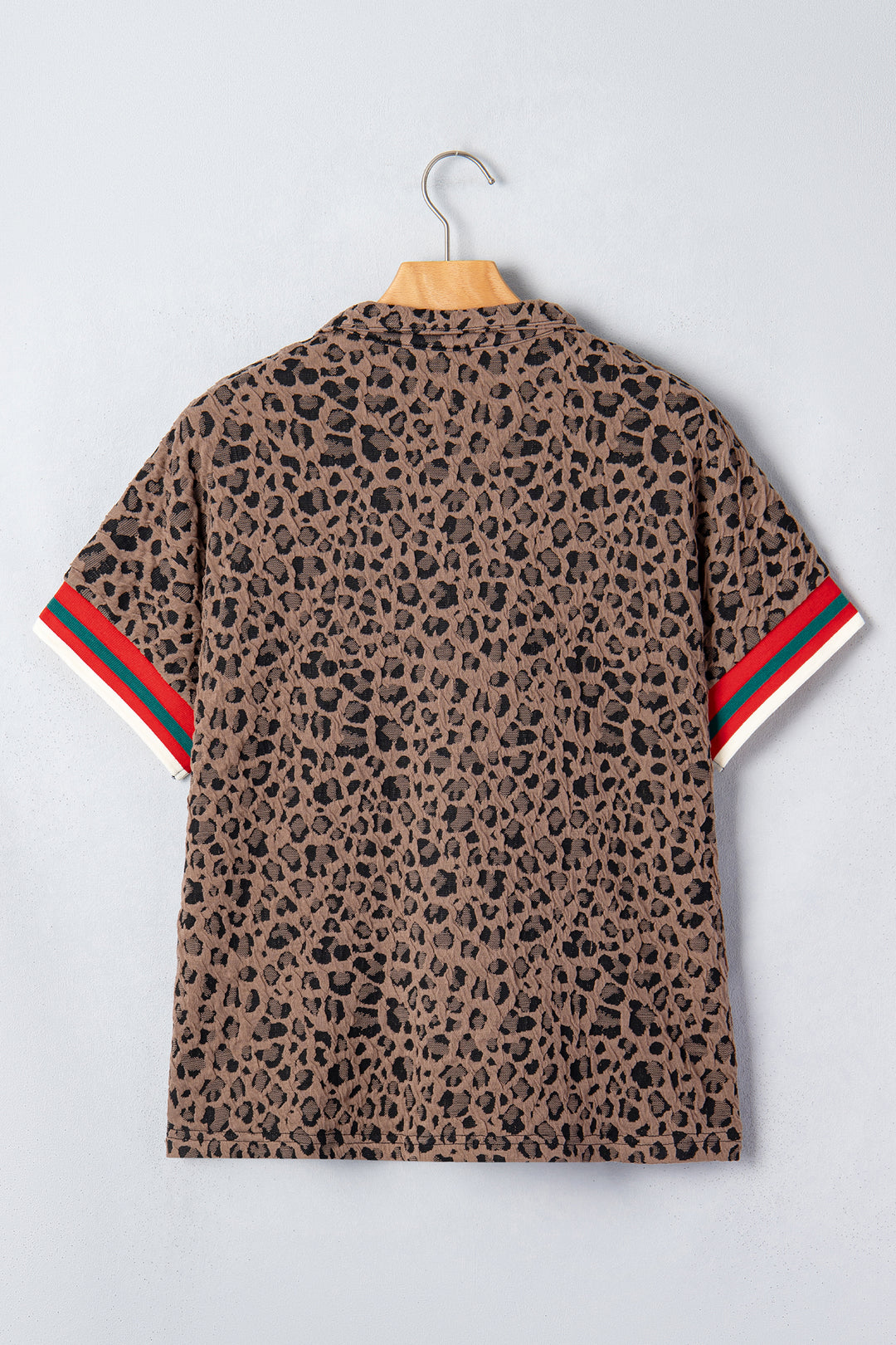 Brown Leopard Jacquard Striped Patchwork Half Zip Short Sleeve Blouse