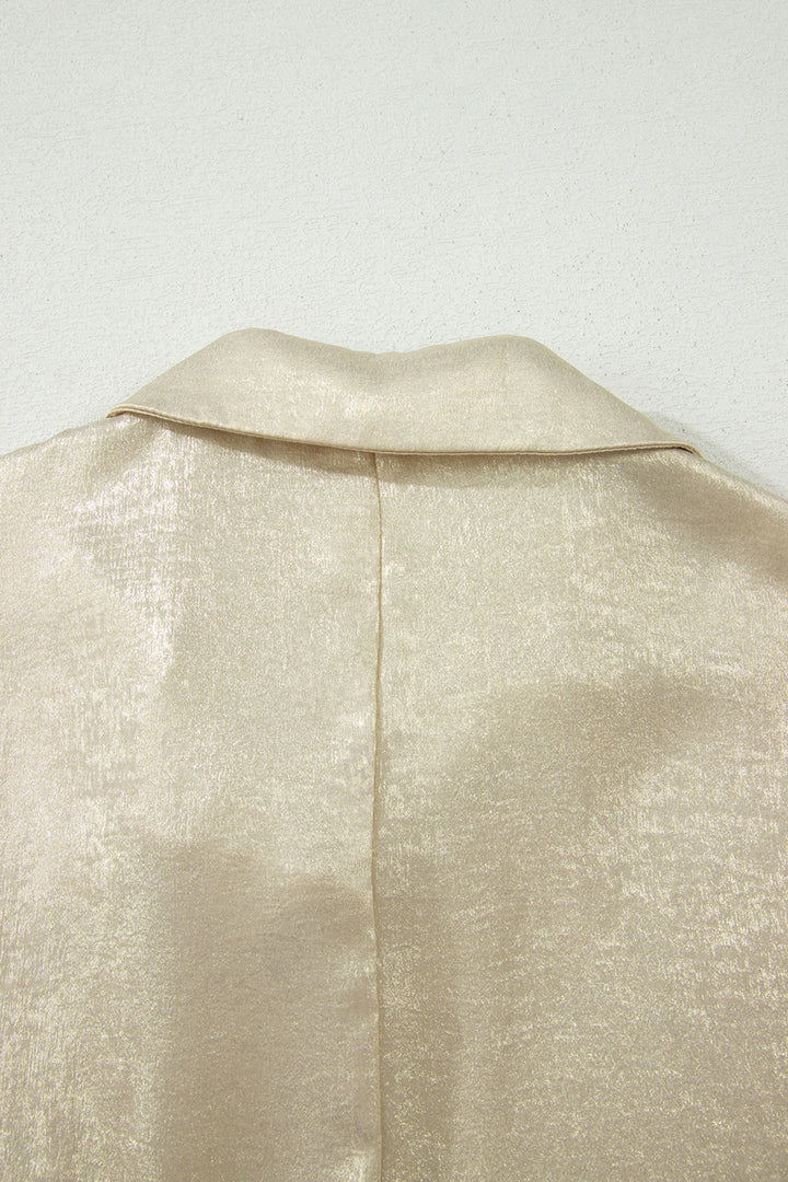 Casual Collared V Neck Half Sleeve Metallic Top