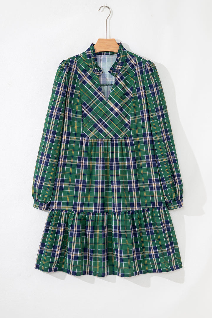 Green Plaid Print Frilly Collar Long Sleeve Shift Mini Dress