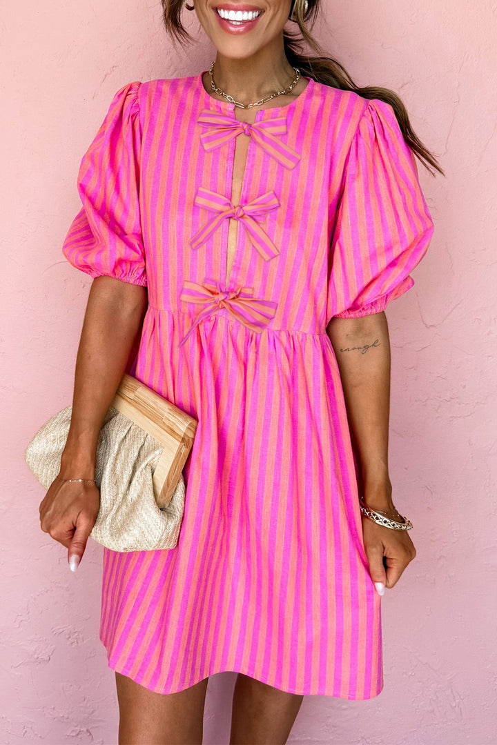 Rose Striped Print Bow Detail Short Puff Sleeve Mini Dress