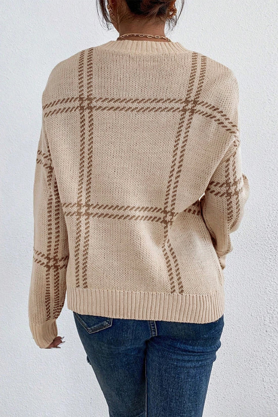 Khaki Plaid Pattern Knitted Drop Shoulder Sweater