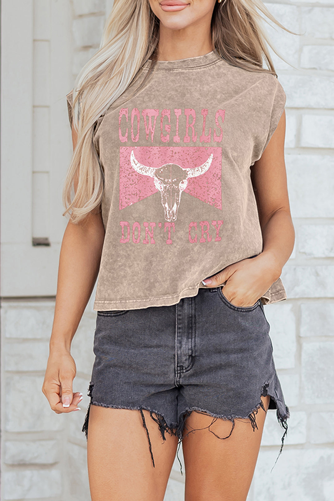 Smoke Gray COWGIRLS DONT CRY Western Graphic Mineral Wash Tank Top