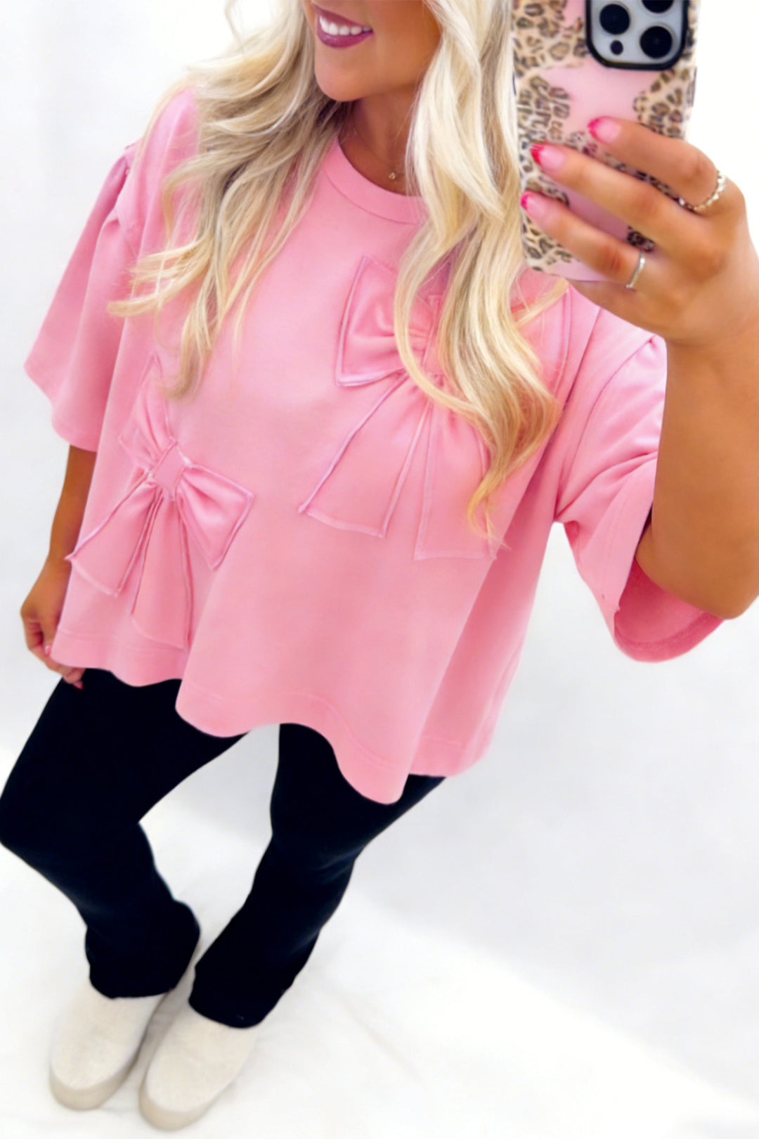 Pink Solid Color Raw Edge Bow Patch Loose T Shirt