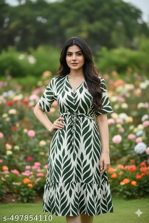 White &amp; Green Leaf Print Button Front Tie Waist Midi Dress
