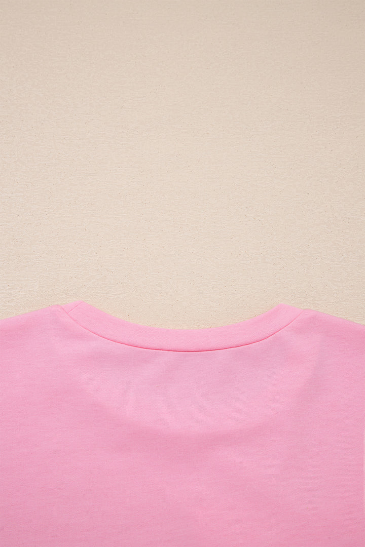 Pink Solid Color Raw Edge Bow Patch Loose T Shirt