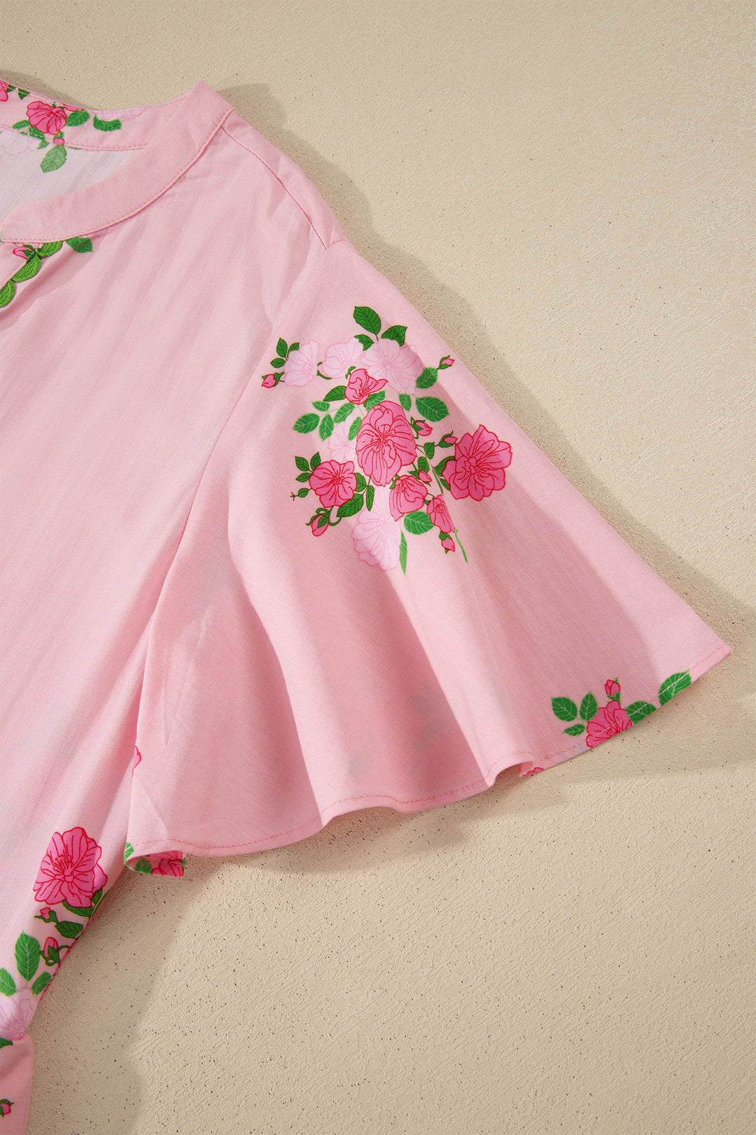 Pink Notched Neck Flutter Short Sleeve Floral Print Maxi Dress