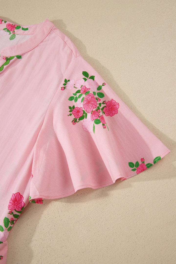 Pink Notched Neck Flutter Short Sleeve Floral Print Maxi Dress