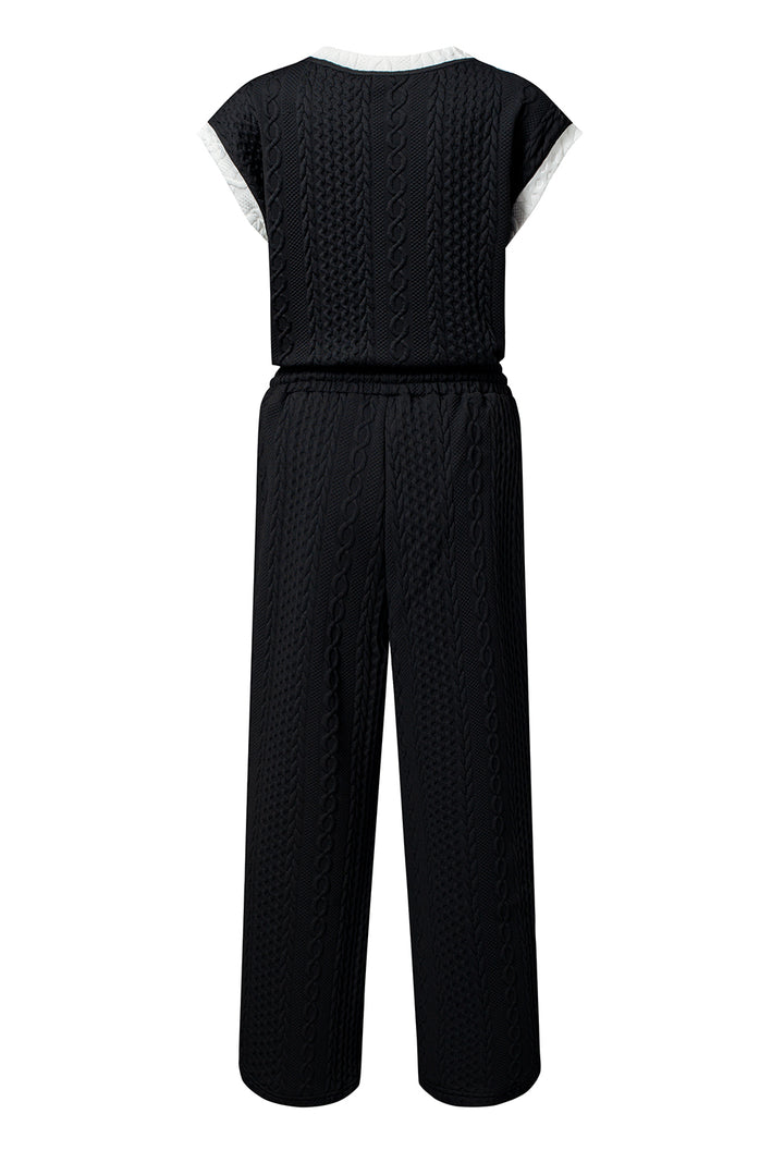 Black Cable Knit Contrast Trim Short Sleeve Top and Pants Set