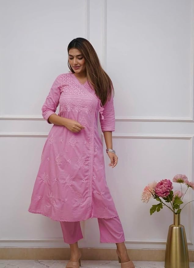 Embroidered A-Line Kurta with V-Neck &amp; Three-Quarter Sleeves