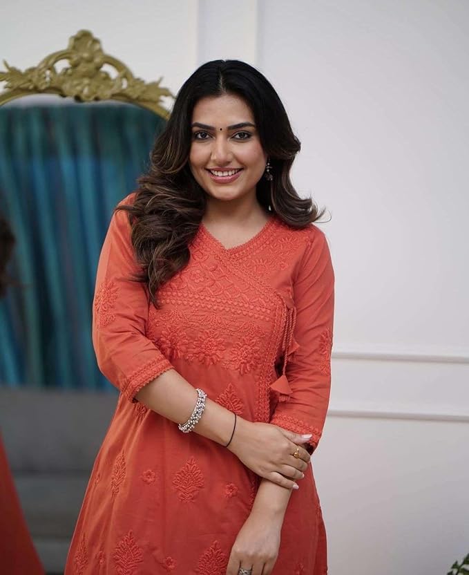 Embroidered A-Line Kurta with V-Neck &amp; Three-Quarter Sleeves