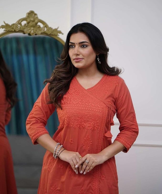 Embroidered A-Line Kurta with V-Neck &amp; Three-Quarter Sleeves
