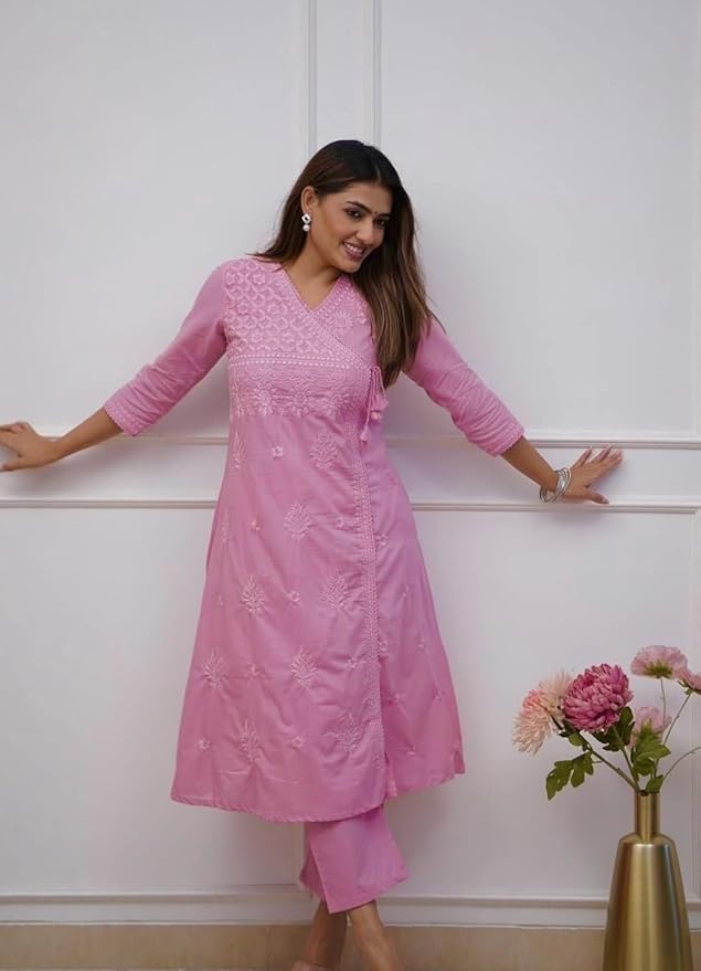 Embroidered A-Line Kurta with V-Neck &amp; Three-Quarter Sleeves
