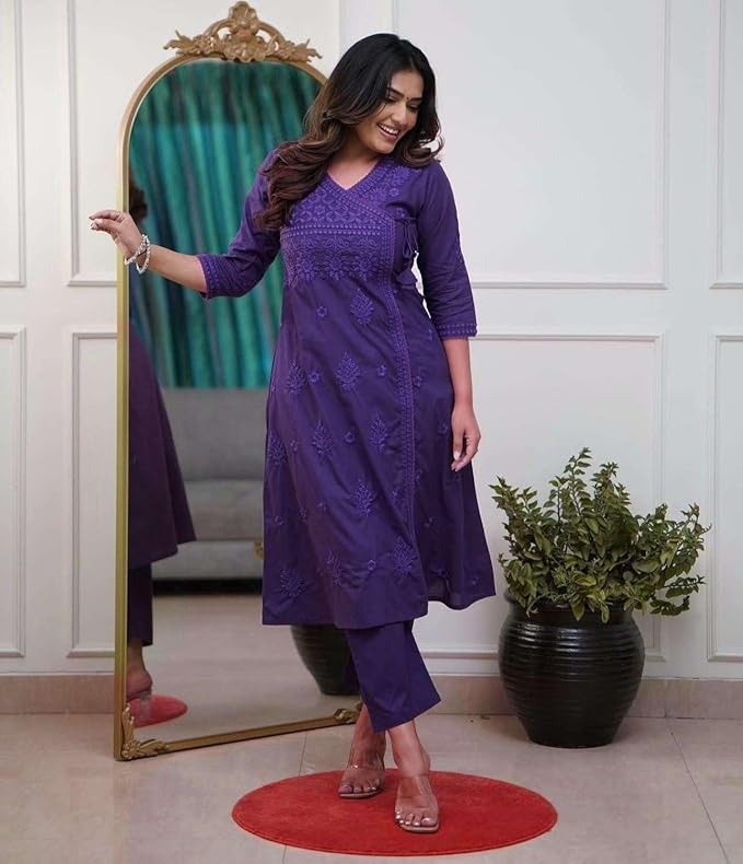 Embroidered A-Line Kurta with V-Neck &amp; Three-Quarter Sleeves