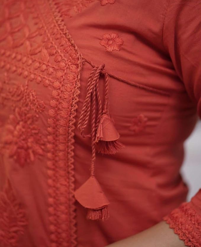 Embroidered A-Line Kurta with V-Neck &amp; Three-Quarter Sleeves