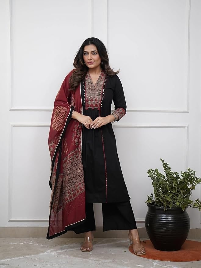 Women’s Ethnic Printed Kurta Set with Palazzo and Printed Dupatta