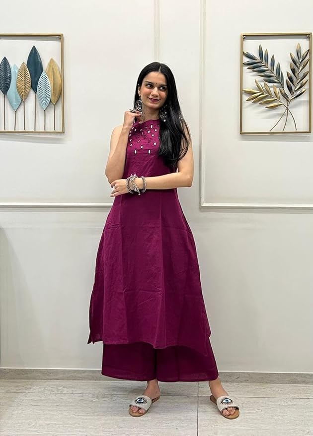 Elegant Magenta Sleeveless Kurta Set with Palazzo Pants