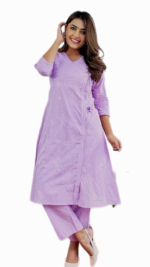 Embroidered A-Line Kurta with V-Neck &amp; Three-Quarter Sleeves