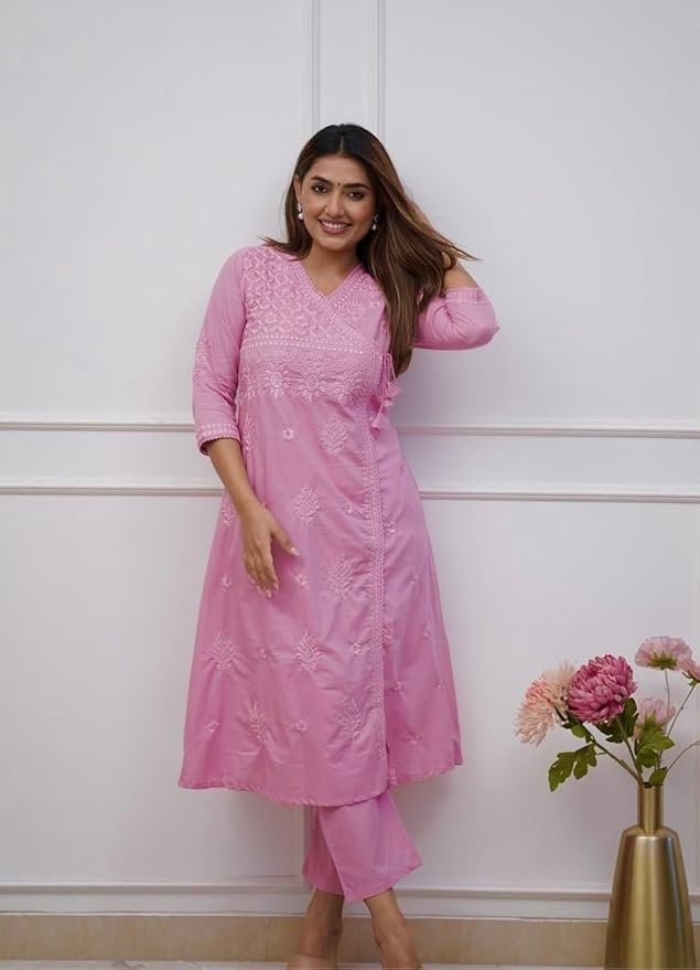 Embroidered A-Line Kurta with V-Neck &amp; Three-Quarter Sleeves