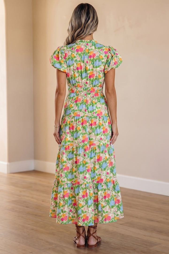 Green Floral Print V Neck Short Puff Sleeve Cotton Maxi Dress