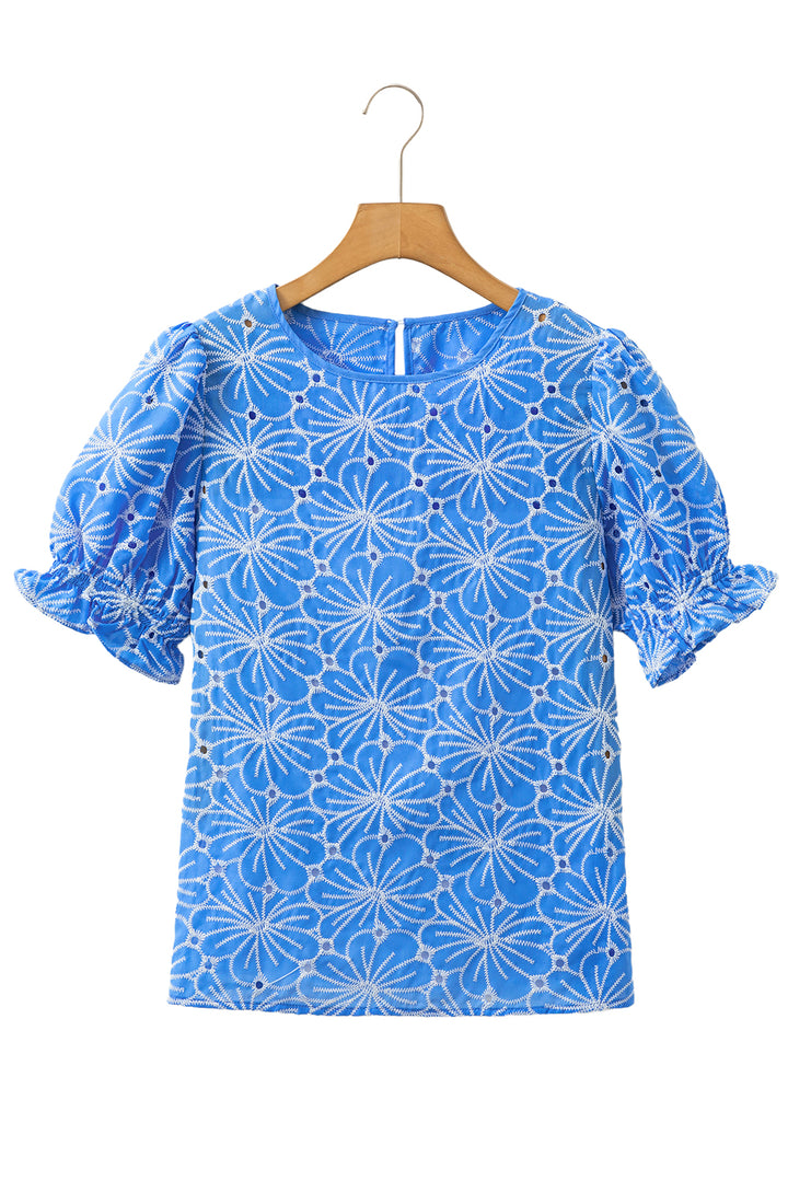 Sky Blue Eyelet Flower Embroidery Frilled Short Puff Sleeve Blouse