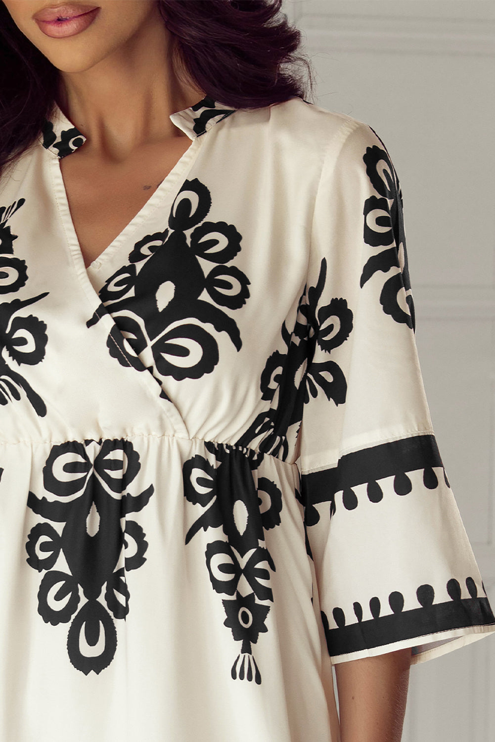 Beige Western Geometric Print 3/4 Sleeve Loose Midi Dress