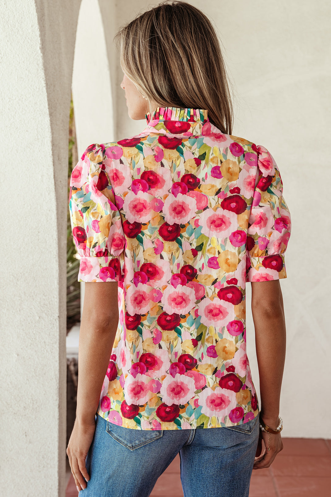 Pink Floral Frilled V Neck Puff Short Sleeve Cotton Blouse