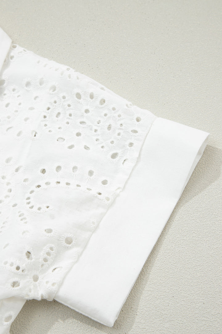 White Solid Color Eyelet Embroidered Cotton T Shirt Mini Dress