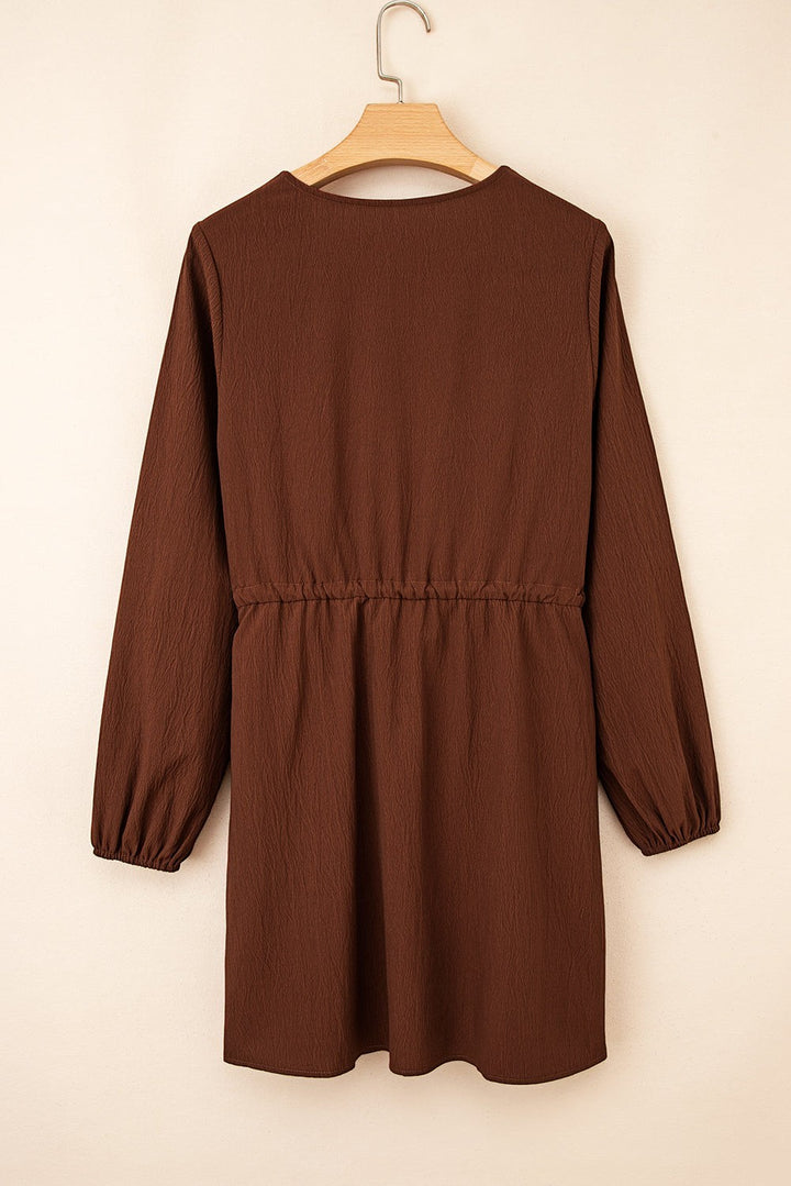 Burgundy Floral Embroidered Tassel Tie Waist Long Sleeve Mini Dress