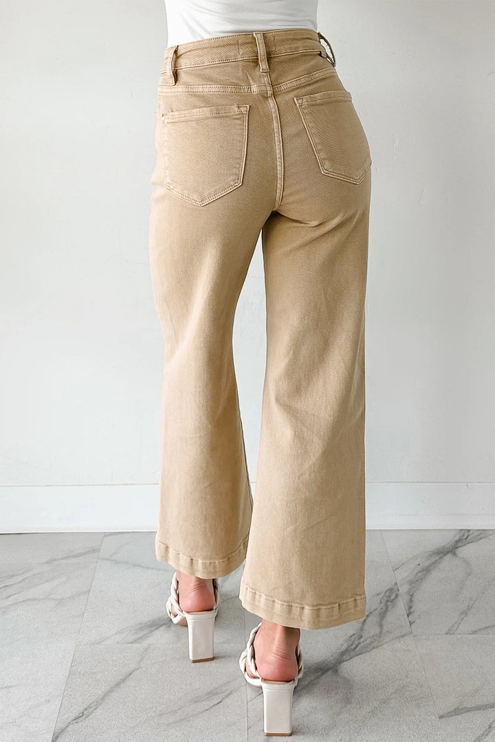 Red Sandalwood Solid Color Seamed Center Wide Leg Cropped Jeans