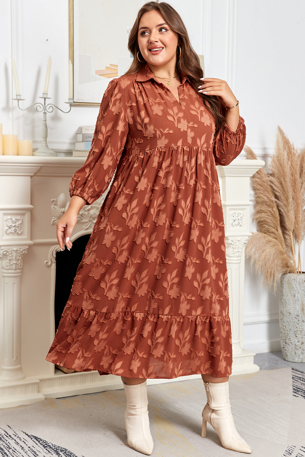 Cinnamon Plus Size Textured 3D Flower Pattern Ruffle Hem 3/4 Sleeve Long Dress