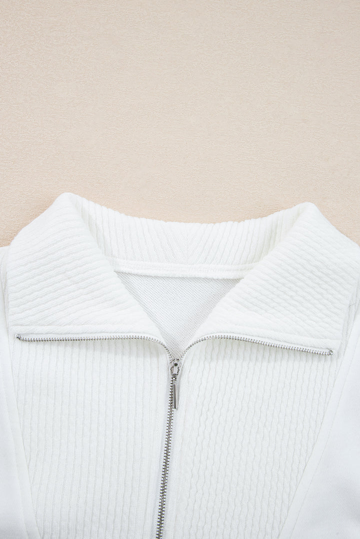 White Ribbed Collar Drop Shoulder Sweatshirt and Shorts Set