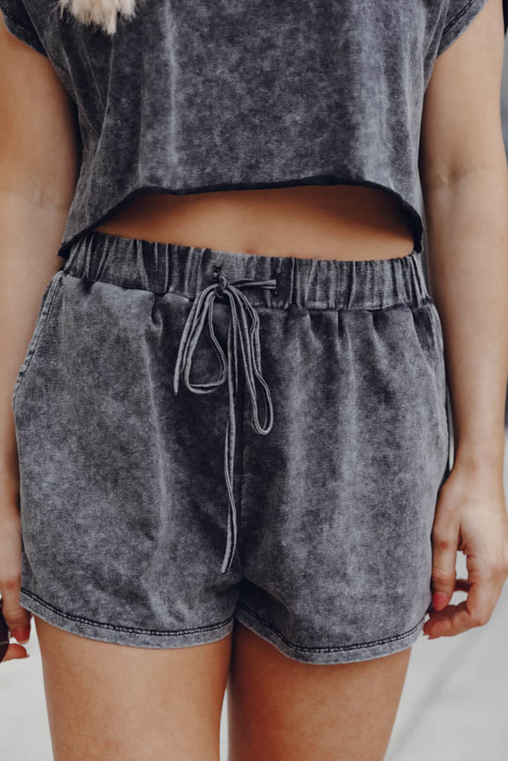 Black Acid Washed Short Lounge Set | Women