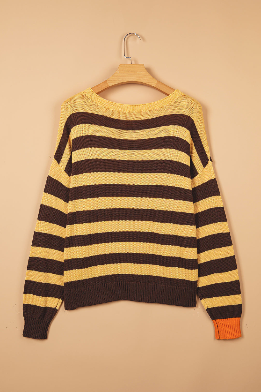 Brown Stripe Striped Drop Shoulder Colorblock Pullover Sweater
