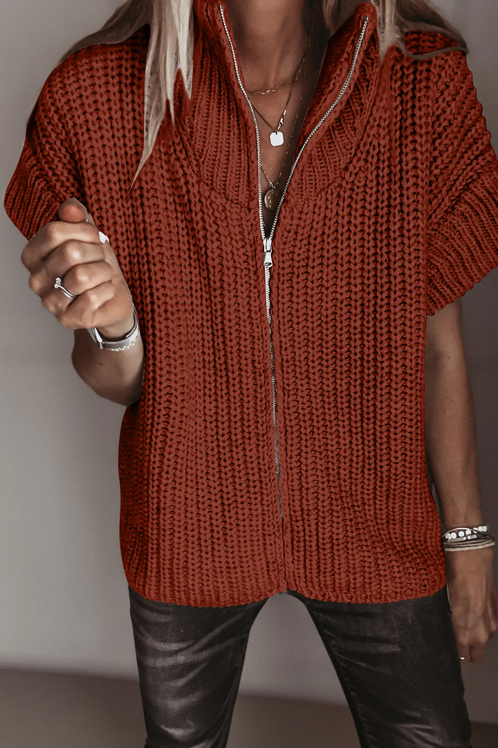 Jet Stream Solid Color Short Sleeve Zipper Knit High Neck Sweater