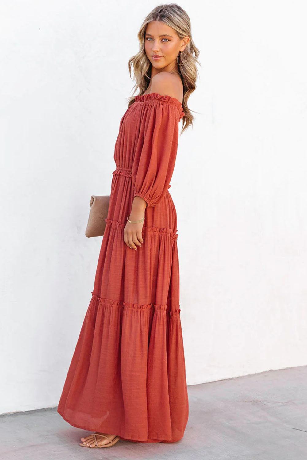 Orange Off Shoulder Balloon Sleeve Cutout Ruffled Maxi Dress  | Women