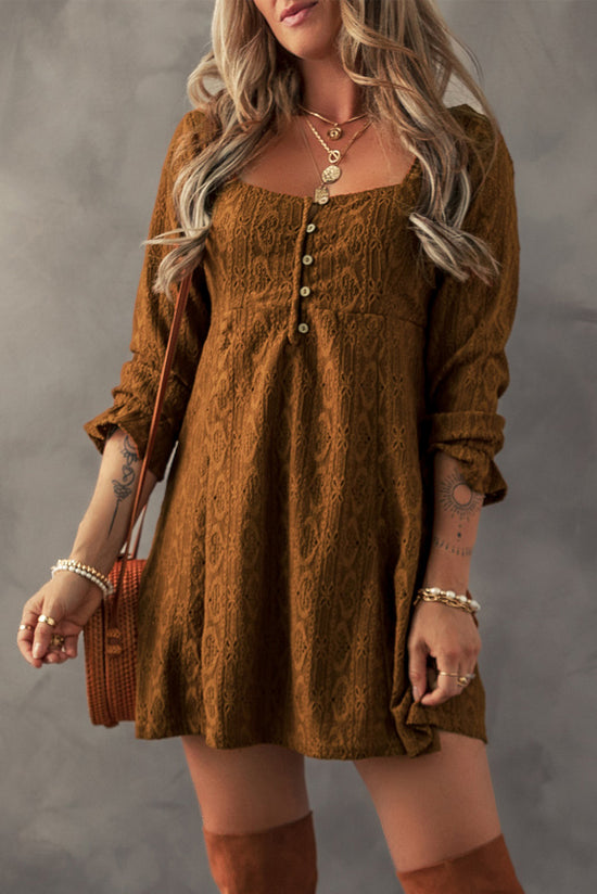 Chestnut Lace Crochet Buttoned Square Neck Shift Mini Dress