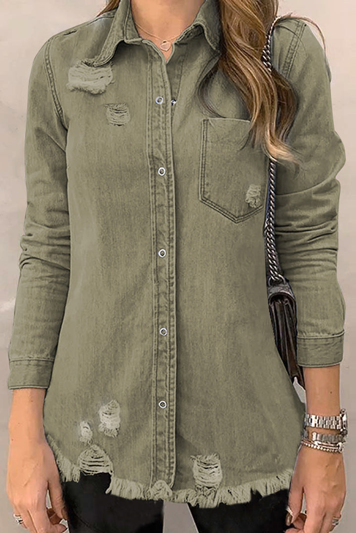 Khaki Raw Hem Distressed Denim Shirt Jacket