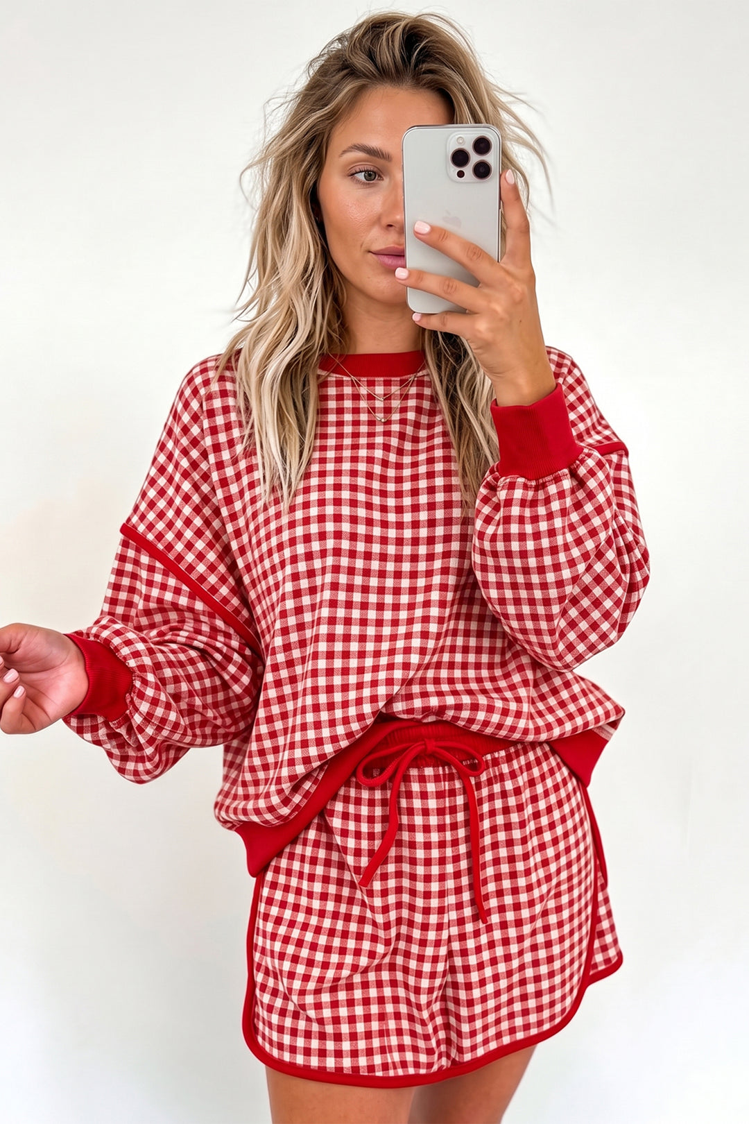 Brown Gingham Oversized Ribbed Trim Crew Neck Long Sleeve Top and Skort Set