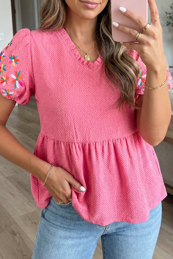 Sachet Pink Frilled V Neck Flower Embroidered Puff Sleeve Textured Blouse